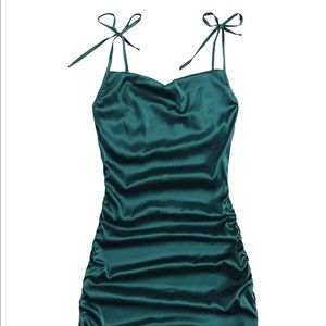 Green Satin Floral Draped Neck Cami Pencil Dress